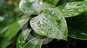 After rain water drops on green leaves in the garden. generative ai