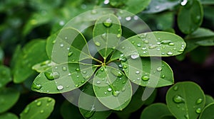 After rain water drops on green leaves in the garden. generative ai