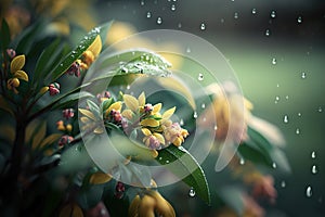 Rain waterdrops over bushes with flowers.