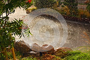 Rain weather and heavy water drops falling on the ground