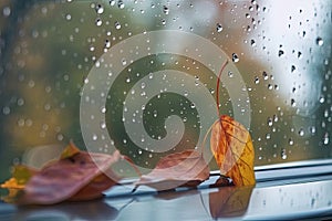 Rain wet weather leaves window autumn drop nature illustration Generative AI