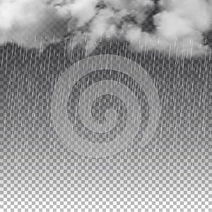 Rain and white clouds isolated on transparent background. Vector illustration.