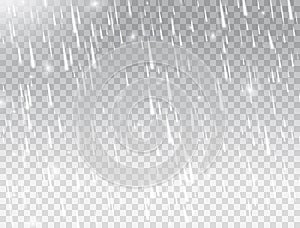 Rain on white transparent background. Realistic falling water drops. Rainfall texture. Rain storm. Rainy cloudy backdrop