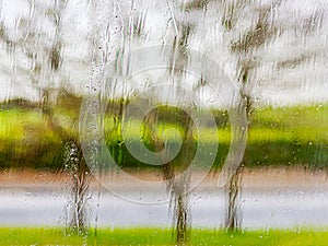 Rain on a window distorting the view of trees and a road outside of the house