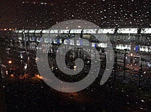 Rain on the window pane with San Diego Convention Centre in the background