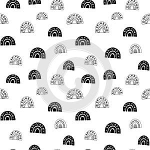 Rainbow seamless pattern, black and white hand-drawn arc doodle digital paper, abstract rainbows repeating background, the monochr photo