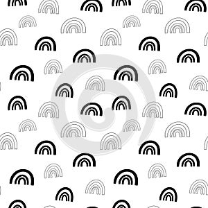 Rainbow seamless pattern, black and white hand-drawn arc doodle digital paper, abstract rainbows repeating background, the monochr photo