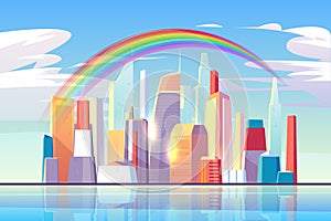 Rainbow above city skyline architecture waterfront