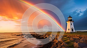 Rainbow above a coastal lighthouse
