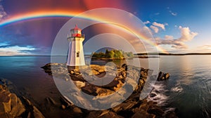 Rainbow above a coastal lighthouse