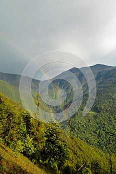 Rainbow above the green valley and mountain forest landscape