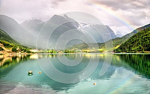 Rainbow above Nordfjorden fjord near Loen - Norway