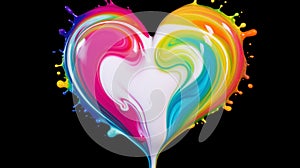 Rainbow abstract heart made of creamy splashes. Dark background. Pride love concept. Generative AI