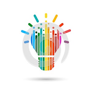 Rainbow abstract light bulb on white background. Creative thinking ideas brain.