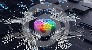 Rainbow AI Brain on Microchip: Futuristic Technology Concept