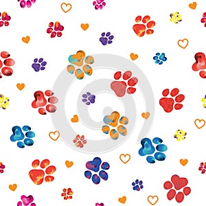 Rainbow animal paw print trails with hearts on a transparent background. Silhouettes of cat, dog footprint. Brushstroke