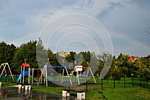 A rainbow appeared above the city.