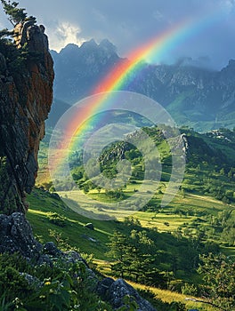 Rainbow appearing over a lush valley