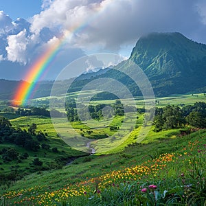 Rainbow appearing over a lush valley