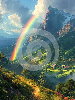 Rainbow appearing over a lush valley