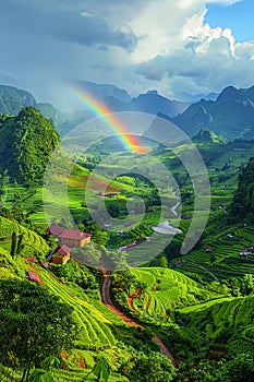 Rainbow appearing over a lush valley