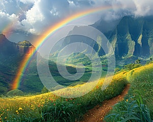 Rainbow appearing over a lush valley