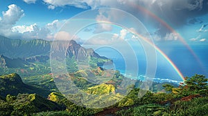 Rainbow appearing over a lush valley