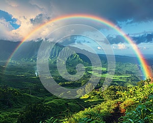 Rainbow appearing over a lush valley