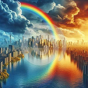 A rainbow appearing over a vibrant cityscape, adding a pop of photo