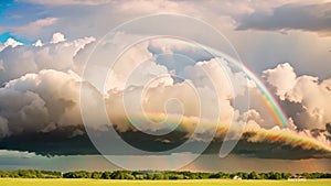 A rainbow appears in the sky over a field as clouds move slowly past, Bank of clouds slowly passing by with a rainbow appearing,