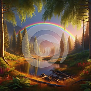 A rainbow arching over a tranquil forest clearing, bathing th photo