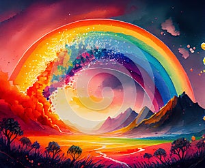 A rainbow arcing over a landscape, the vibrant colors of the spectrum captured in stunning detail, generative ai