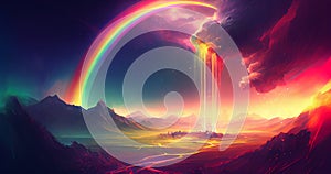 A rainbow arcing over a landscape, the vibrant colors of the spectrum captured in stunning detail, generative ai