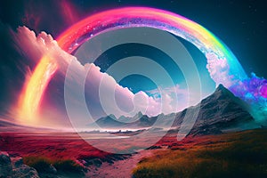 A rainbow arcing over a landscape, the vibrant colors of the spectrum captured in stunning detail, generative ai