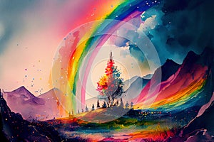 A rainbow arcing over a landscape, the vibrant colors of the spectrum captured in stunning detail, generative ai illustration