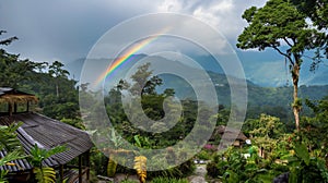 Rainbow arcing over a lush mountain landscape with traditional huts and vibrant greenery