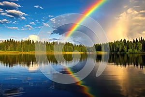 rainbow arcing over a serene lake