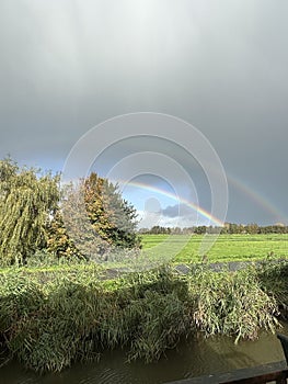 A rainbow arcs across the sky above a colorful field