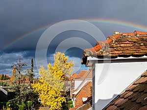 Rainbow after autumn rain over the old quarter of Strasbourg
