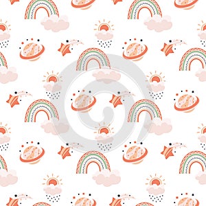 Rainbow baby pattern. Sun, cloud and heart nursery wallpaper, cute kids wrapping paper, textile design. Childish scandi