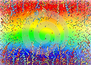 Rainbow background with bright confetti.