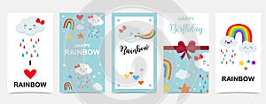rainbow background with cloud,rain illustration for sticker,postcard,birthday invitation.Editable element