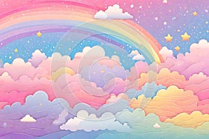 Rainbow background with clouds and stars. Pastel color sky