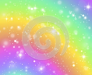 Rainbow background. Fantasy unicorn galaxy, fairy stars in pastel sky and bokeh, iridescent hologram texture with