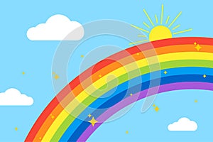 Rainbow background. Sky with rainbow, clouds, sun and stars. Isolated on light blue background. Vector illustration