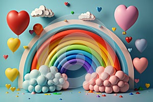 Rainbow, balloons and hearts on blue background. Generative AI photo