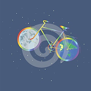 Rainbow bike one wheel planet Earth another wheel moon.