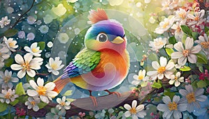 Rainbow bird in floral garden