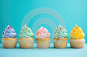 rainbow birthday cupcakes on blue background