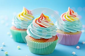 rainbow birthday cupcakes on blue background